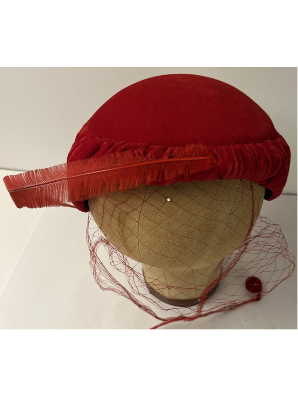 Vintage 1950s Lorene NY Red Velvet Feather Pillbox Hat Netting Pom Poms Size 6/3